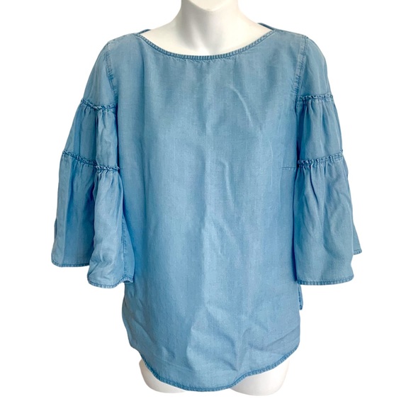 J.Jill Bell Ruffle Sleeve Top Shirt Blouse Chambray Denim Blue Small Petite - Picture 3 of 15